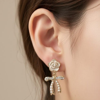 Rose Bow Pearl Drop Stud