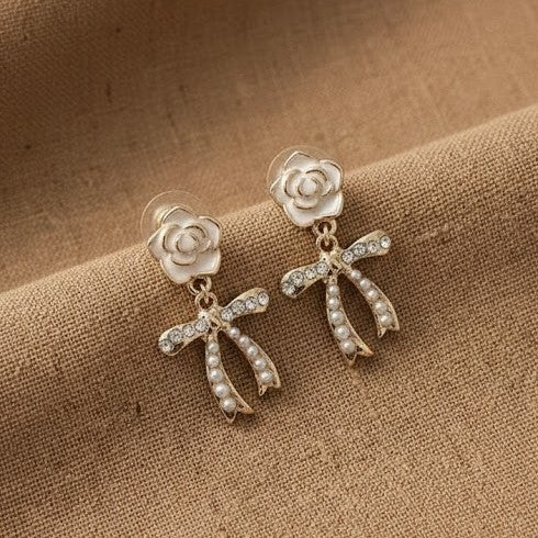 Rose Bow Pearl Drop Stud